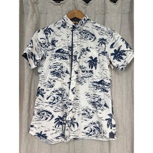 Free Planet Mens Small White Nvy Blue Tropical Scenic Palm Tree Btton Down Shirt